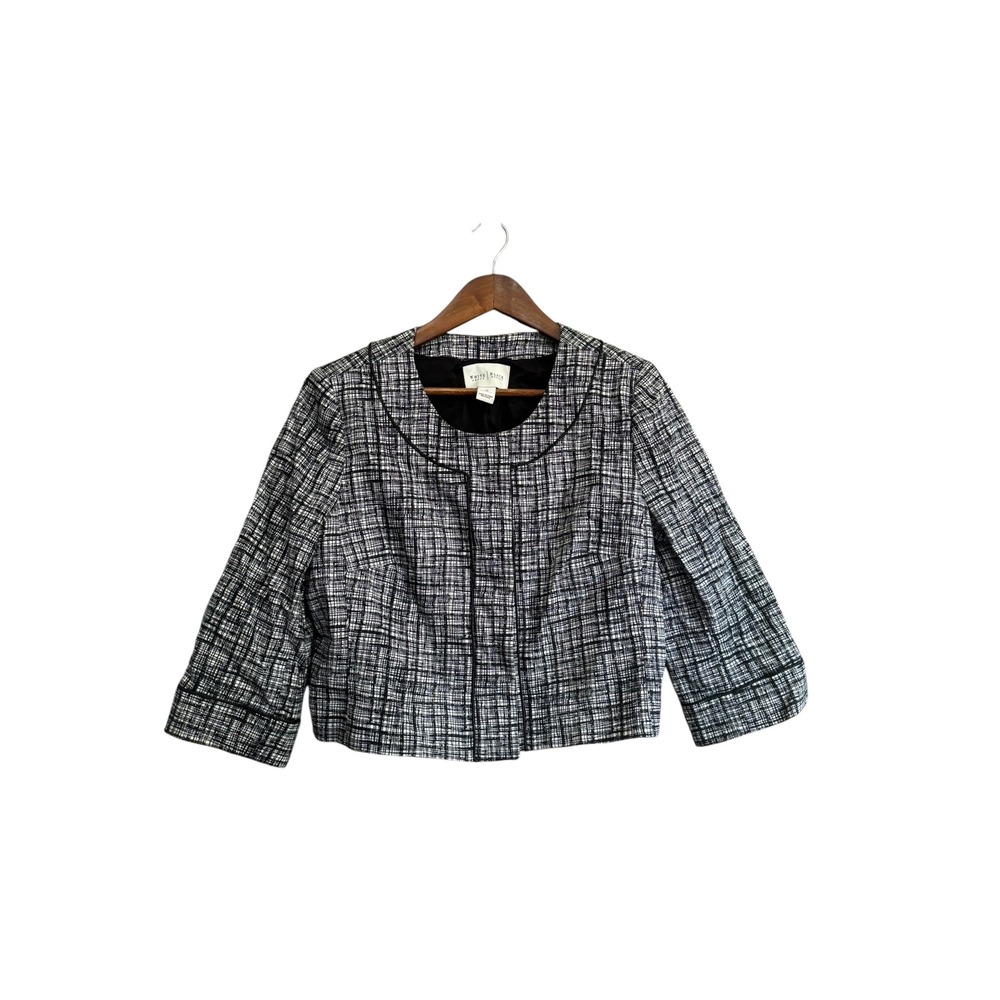 White House Black Market Blazer Women 12 Black White Excellent Cropped Tweed
